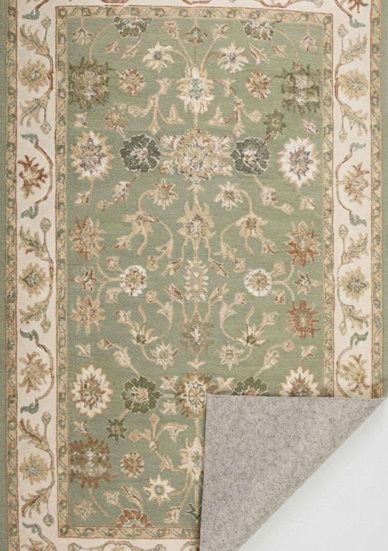 Saffron Rugs Sage Green Classic Floral Hand Tufted Wool Rectangular Rug - Indya