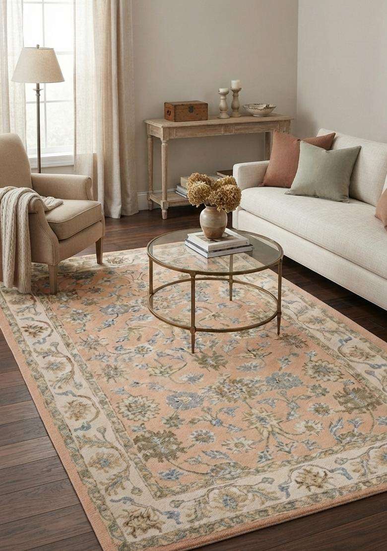 Saffron Rugs Peach Classic Floral Hand Tufted Wool Rectangular Rug - Indya