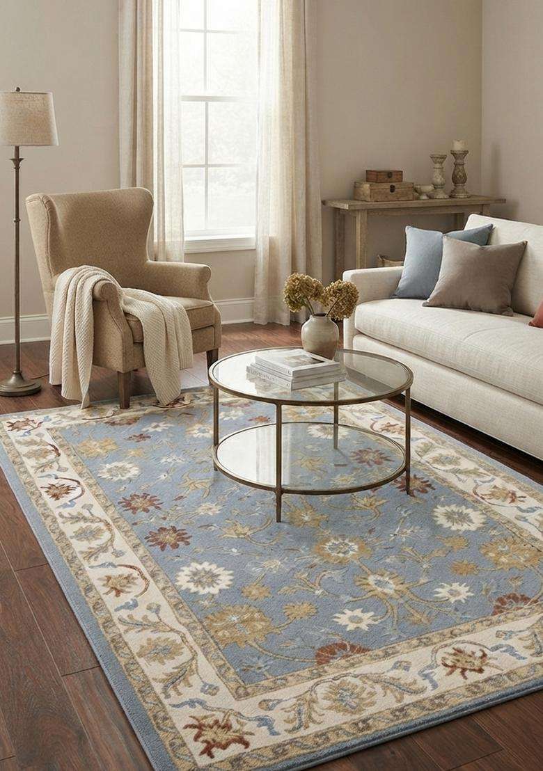 Saffron Rugs Hand-Tufted 100% Wool Area Rug | Light Blue Rectangular Rug | Cotton Backing | Oriental Floral Carpet for Living Room - Indya