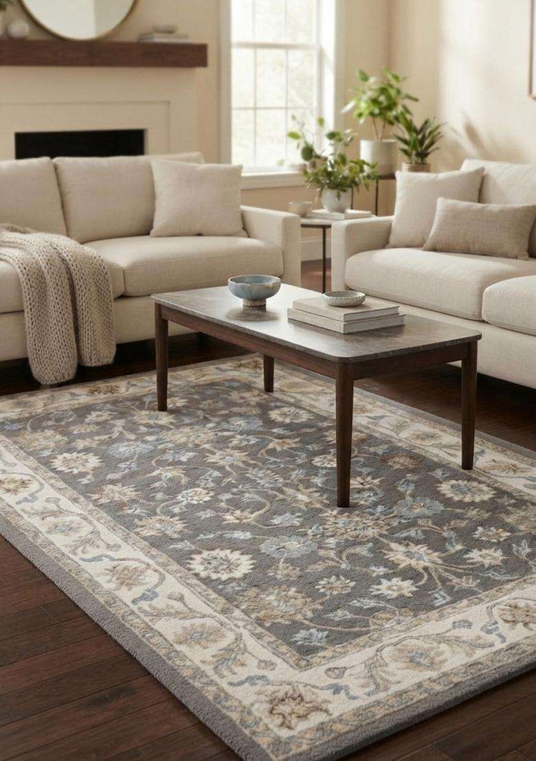 Saffron Rugs Grey Oriental Floral Hand Tufted Wool Rectangular Rug - Indya