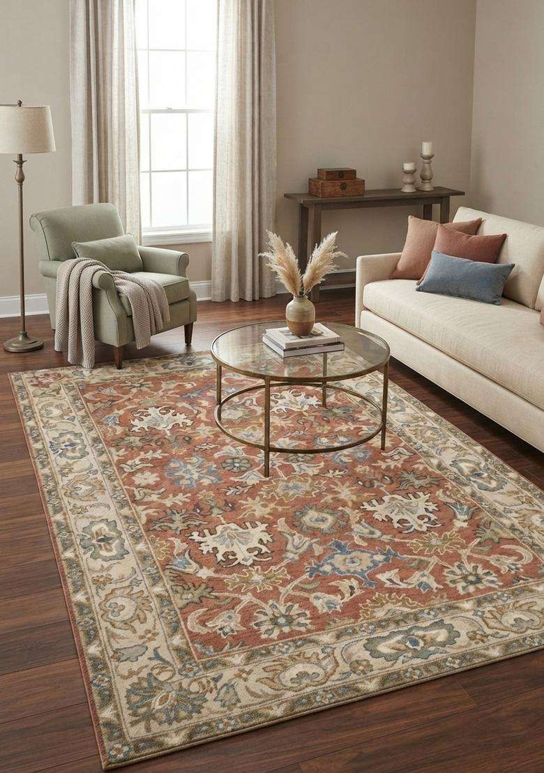 Saffron Rugs Terracotta Red Oriental Floral Hand Tufted Wool Rectangular Rug - Indya