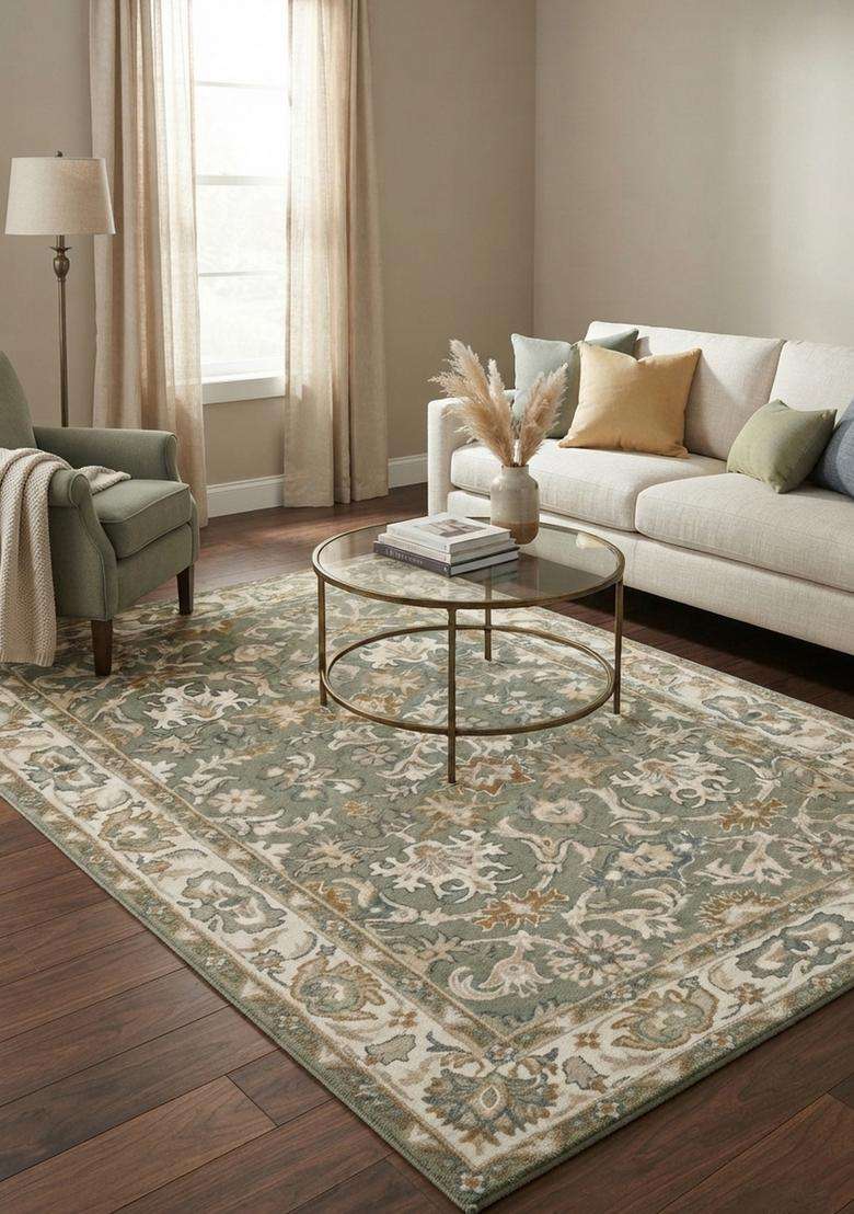 Saffron Rugs Hand-Tufted 100% Wool Area Rug | Sage Green Rectangular Rug | Cotton Backing | Oriental Floral Carpet for Living Room - Indya