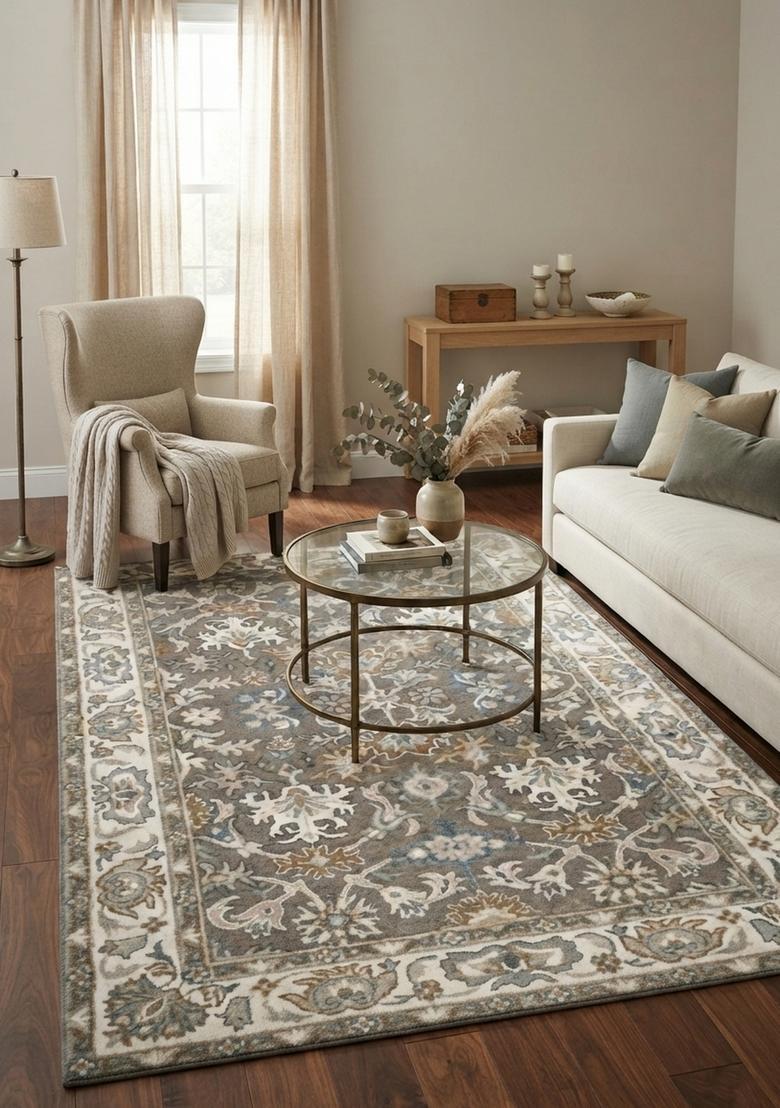 Saffron Rugs Grey Taupe Oriental Floral Hand Tufted Wool Rectangular Rug - Indya