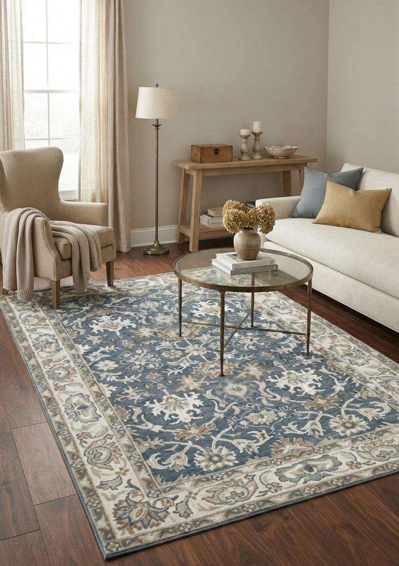 Saffron Rugs Hand-Tufted 100% Wool Area Rug | Steel Blue Rectangular Rug | Cotton Backing | Oriental Floral Carpet for Living Room - Indya