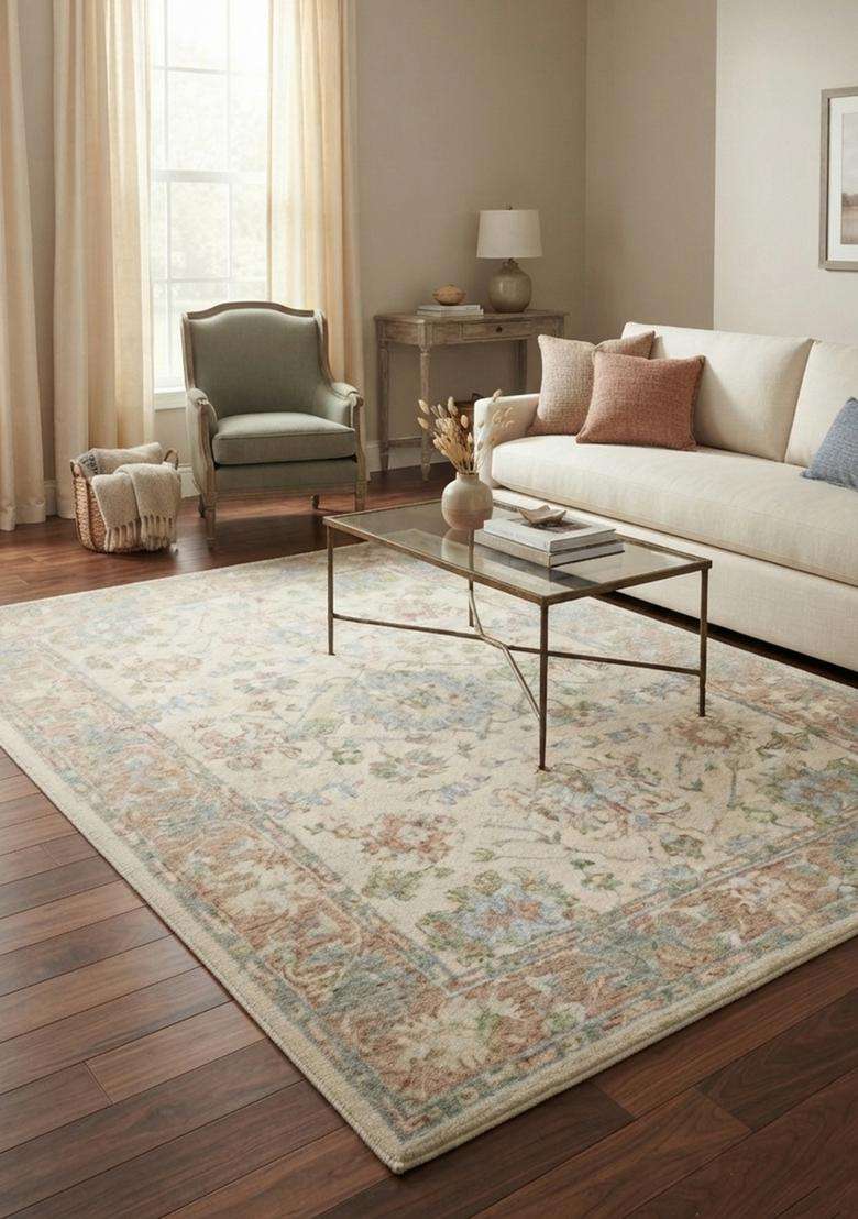 Saffron Rugs Hand-Tufted 100% Wool Area Rug | Beige Rectangular Rug | Cotton Backing | Transitional Floral Carpet for Living Room - Indya