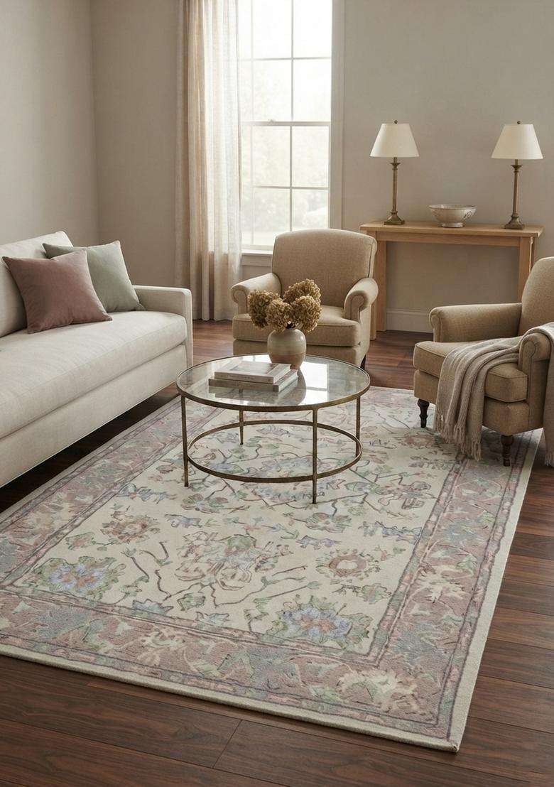 Saffron Rugs Ivory Transitional Floral Hand Tufted Wool Rectangular Rug - Indya