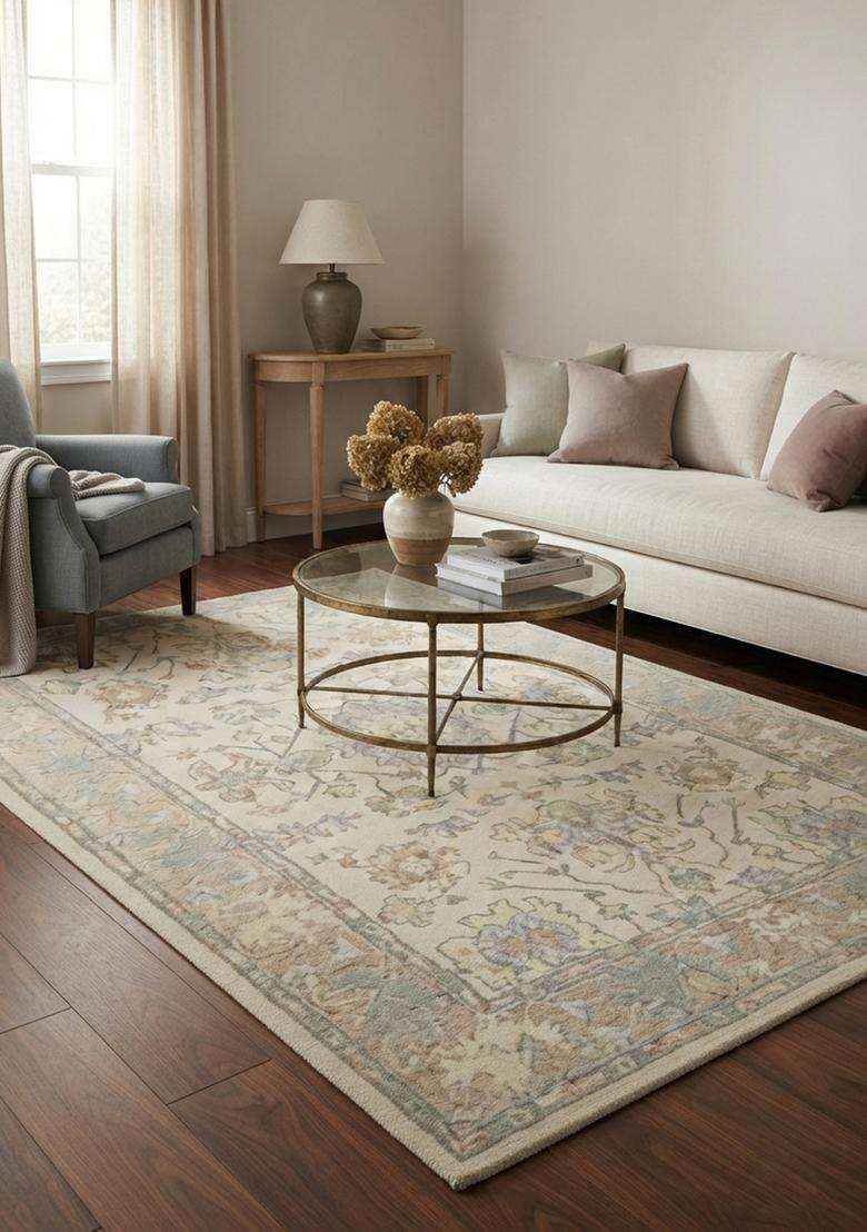 Saffron Rugs Ivory Classic Floral Hand Tufted Wool Rectangular Rug - Indya