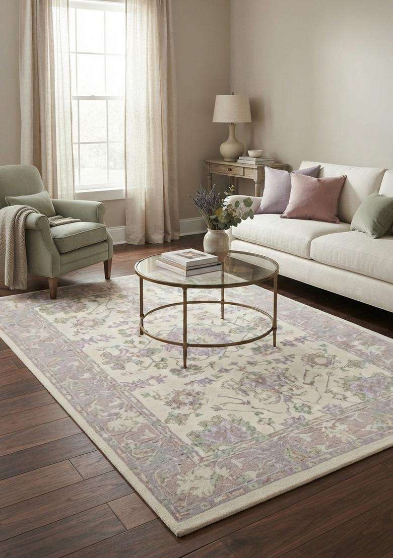 Saffron Rugs Hand-Tufted 100% Wool Area Rug | Lavender Cream Rectangular Rug | Cotton Backing | Oriental Floral Carpet for Living Room - Indya