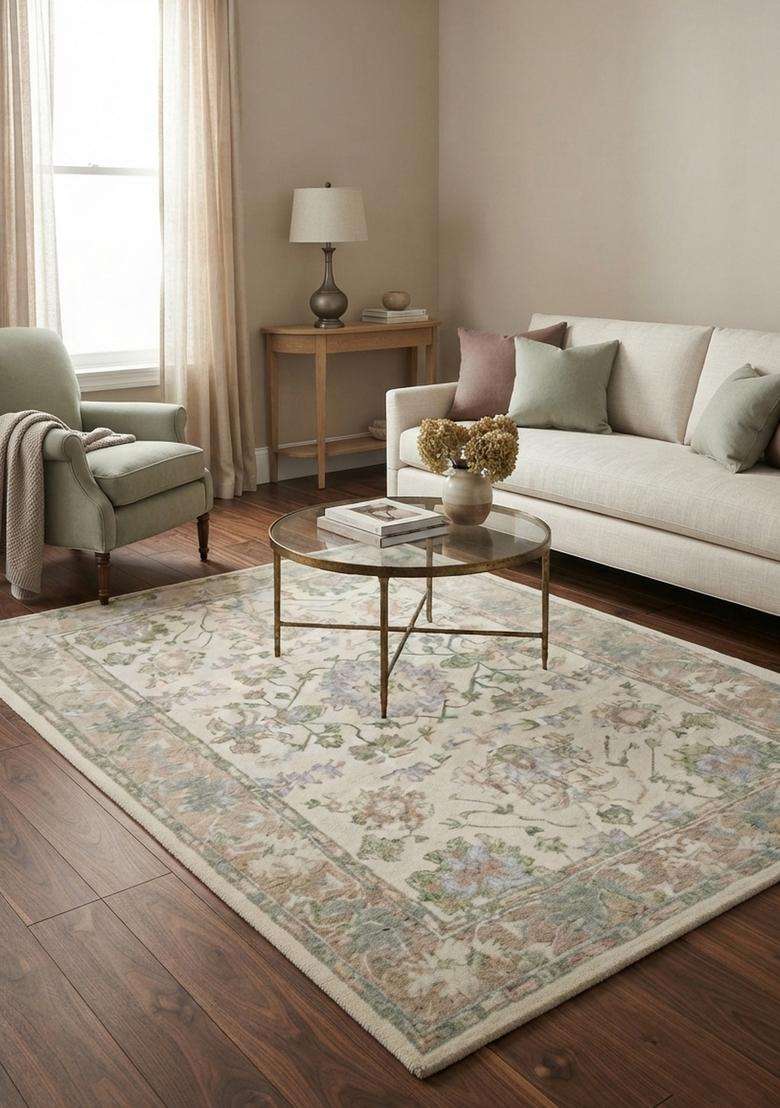 Saffron Rugs Cream Transitional Floral Hand Tufted Wool Rectangular Rug - Indya