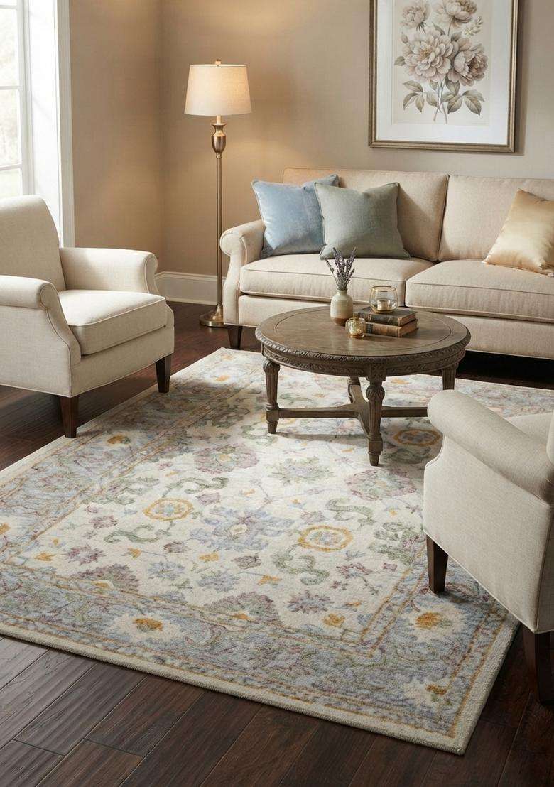 Saffron Rugs Hand-Tufted 100% Wool Area Rug | Ivory Rectangular Rug | Cotton Backing | Classic Floral Carpet for Living Room - Indya
