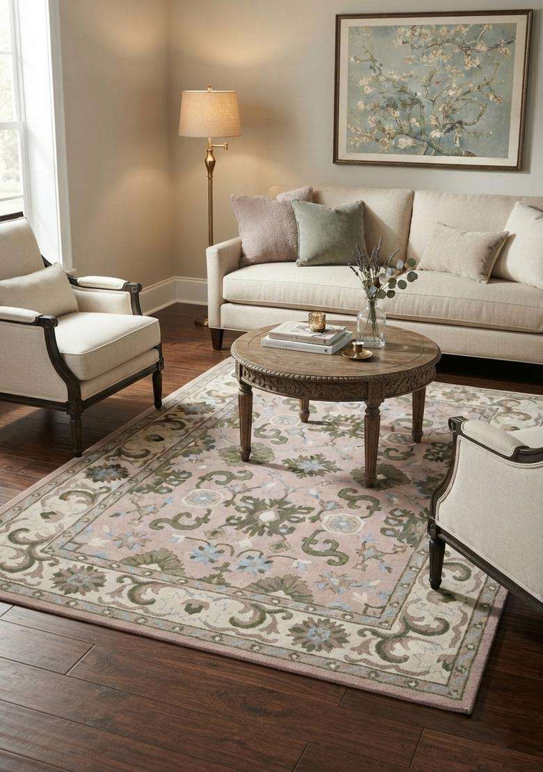 Saffron Rugs Hand-Tufted 100% Wool Area Rug | Blush Pink Rectangular Rug | Cotton Backing | Classic Floral Carpet for Living Room - Indya