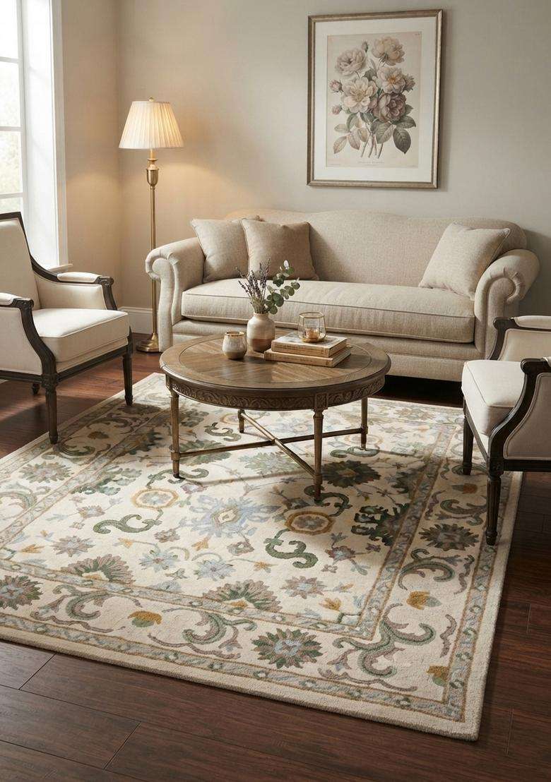 Saffron Rugs Hand-Tufted 100% Wool Area Rug | Ivory Green Rectangular Rug | Cotton Backing | Oriental Floral Carpet for Living Room - Indya