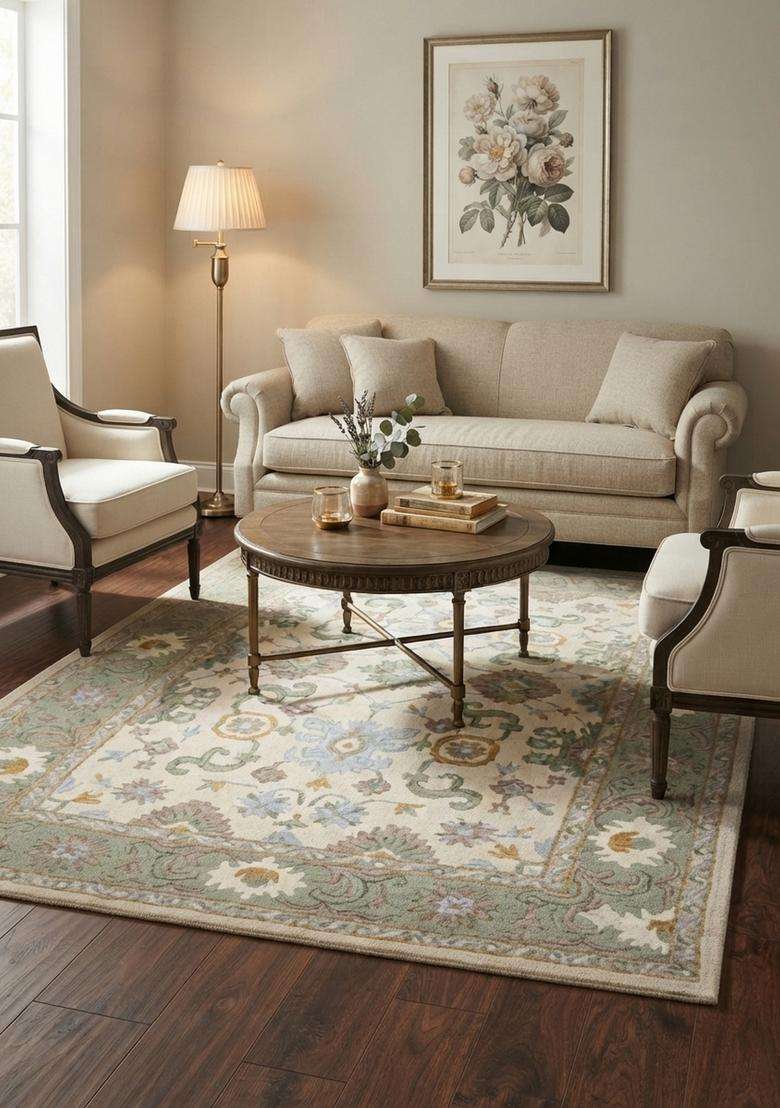 Saffron Rugs Hand-Tufted 100% Wool Area Rug | Cream Rectangular Rug | Cotton Backing | Classic Floral Carpet for Living Room - Indya