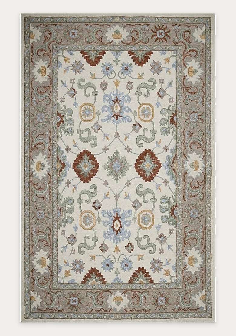 Saffron Rugs Cream Oriental Floral Hand Tufted Wool Rectangular Rug - Indya