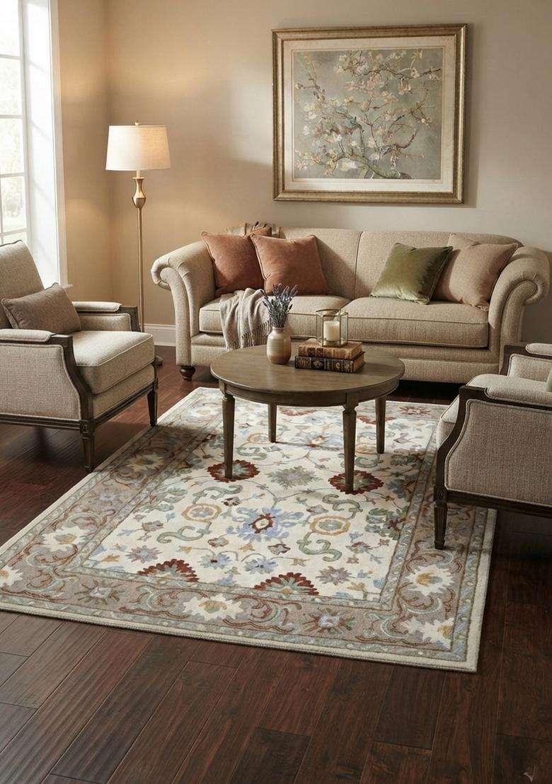 Saffron Rugs Hand-Tufted 100% Wool Area Rug | Cream Rectangular Rug | Cotton Backing | Oriental Floral Carpet for Living Room - Indya