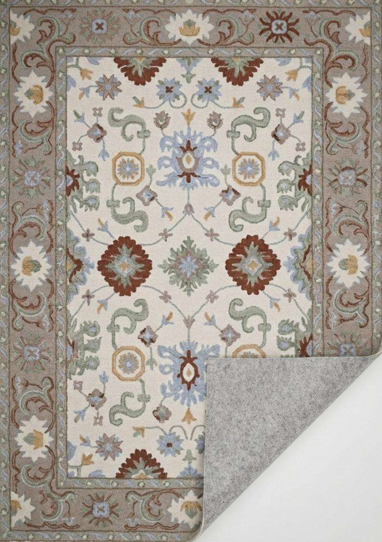 Saffron Rugs Cream Oriental Floral Hand Tufted Wool Rectangular Rug - Indya