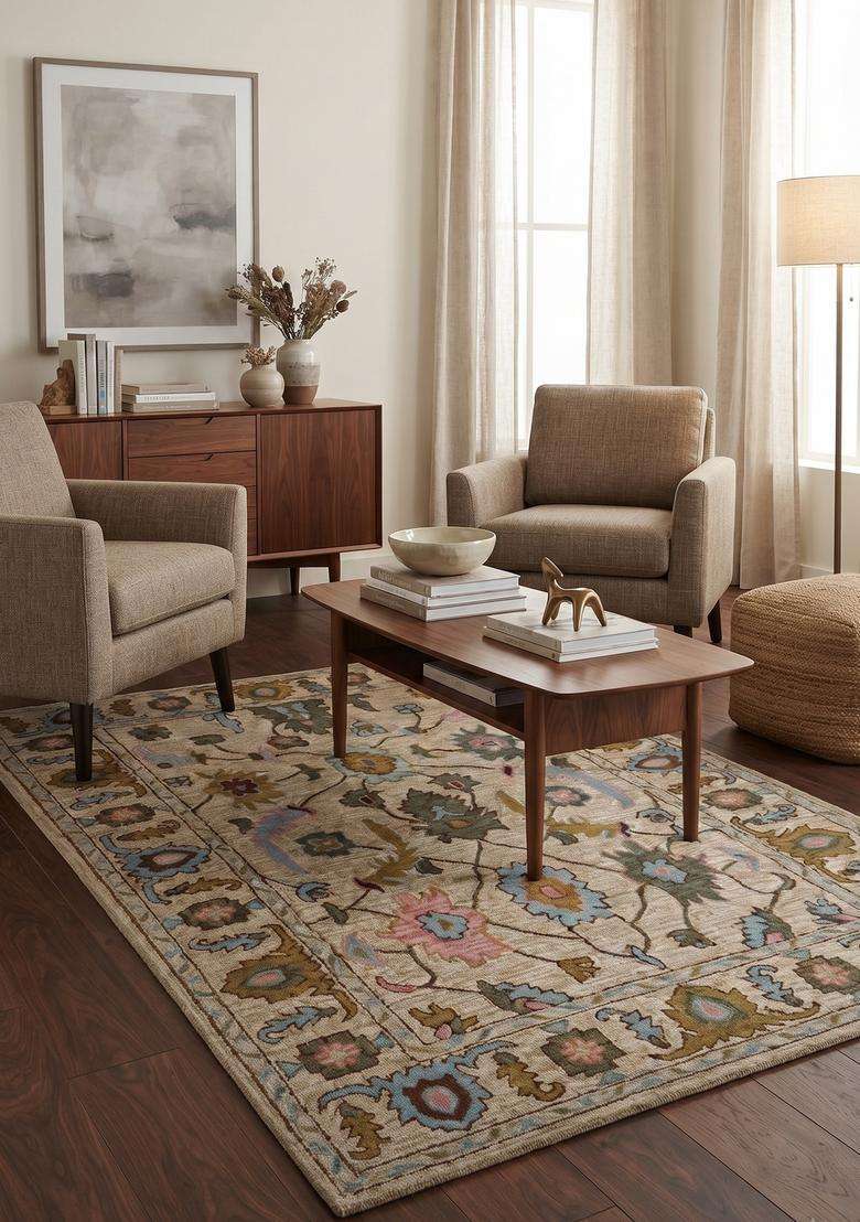 Saffron Rugs Hand-Tufted 100% Wool Area Rug | Beige Floral Rectangular Rug | Cotton Backing | Classic Floral Carpet for Living Room - Indya