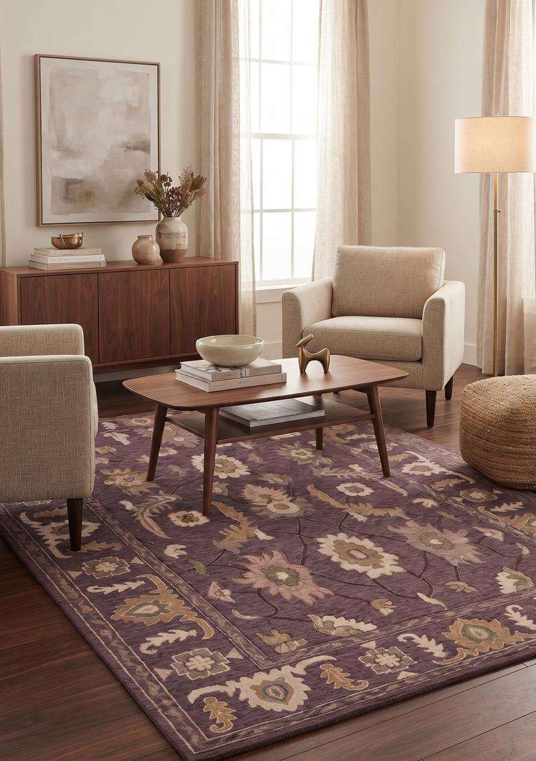 Saffron Rugs Plum Wine Oriental Floral Hand Tufted Wool Rectangular Rug - Indya