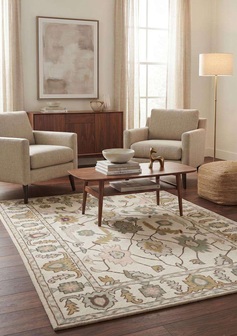 Saffron Rugs Ivory Cream Classic Floral Hand Tufted Wool Rectangular Rug - Indya