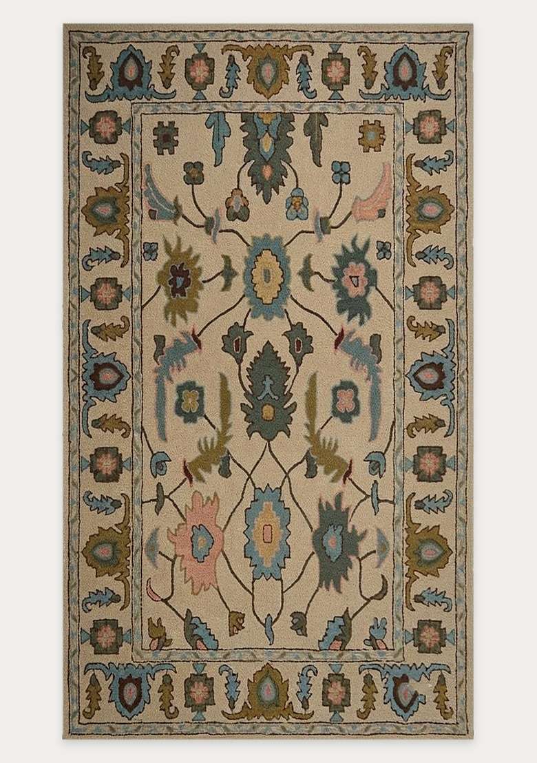 Saffron Rugs Hand-Tufted 100% Wool Area Rug | Cream Beige Rectangular Rug | Cotton Backing | Classic Floral Carpet for Living Room - Indya
