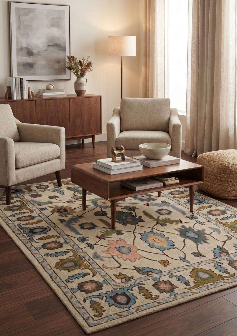 Saffron Rugs Cream Beige Classic Floral Hand Tufted Wool Rectangular Rug - Indya