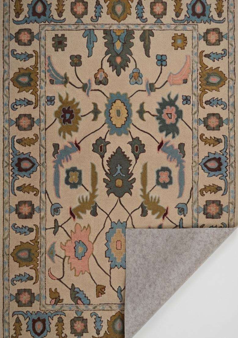 Saffron Rugs Hand-Tufted 100% Wool Area Rug | Cream Beige Rectangular Rug | Cotton Backing | Classic Floral Carpet for Living Room - Indya