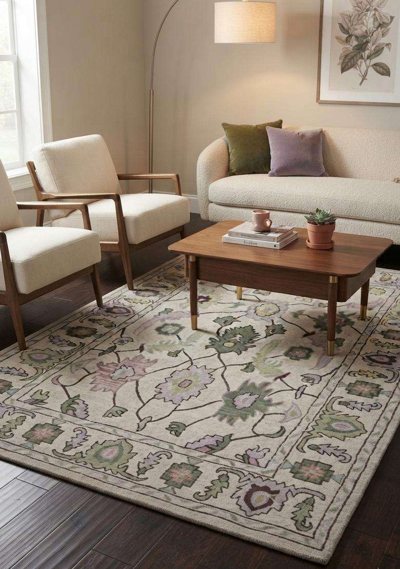 Saffron Rugs Hand-Tufted 100% Wool Area Rug | Cream Rectangular Rug | Cotton Backing | Transitional Floral Carpet for Living Room - Indya