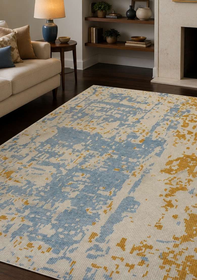 Saffron Rugs Hand Knotted Beige Blue Gold Wool Rectangular Rug - Indya