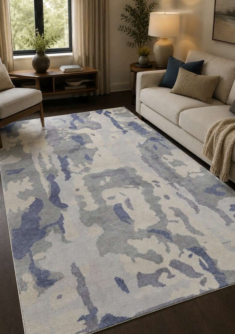 Saffron Rugs Hand Knotted Blue Grey Wool Rectangular Rug - Indya