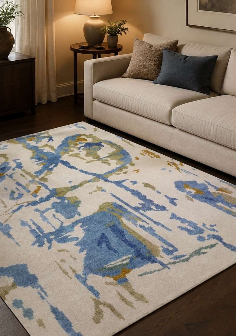 Saffron Rugs Hand Knotted Blue Green Multi Wool Rectangular Rug - Indya