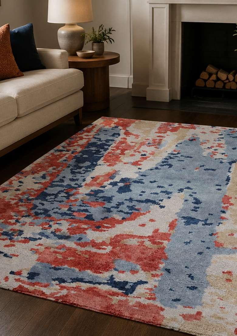 Saffron Rugs Hand Knotted Blue Terracotta Cream Wool Rug - Indya