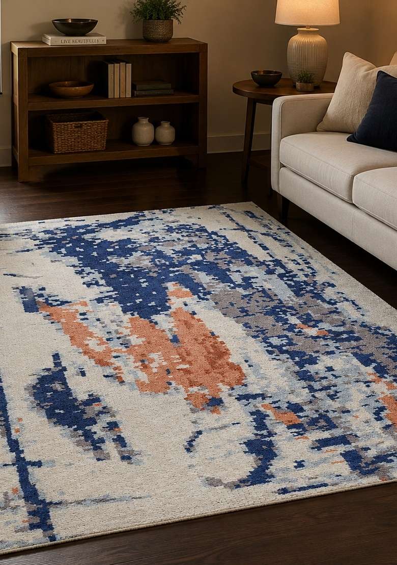 Saffron Rugs Hand Knotted Blue Ivory Coral Wool Rectangular Rug - Indya