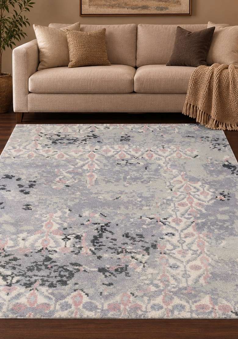 Saffron Rugs Hand Knotted Grey Pink Wool Trellis Rectangular Rug - Indya