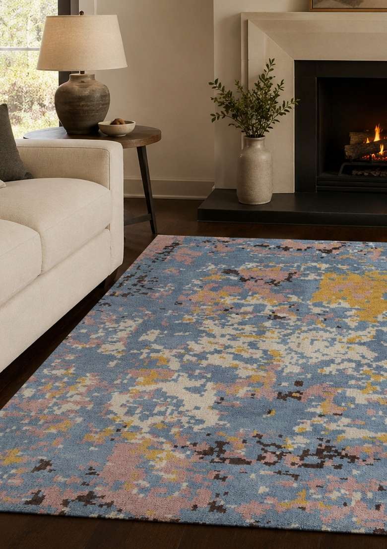 Saffron Rugs Hand Knotted Blue Multicolor Wool Rectangular Rug - Indya