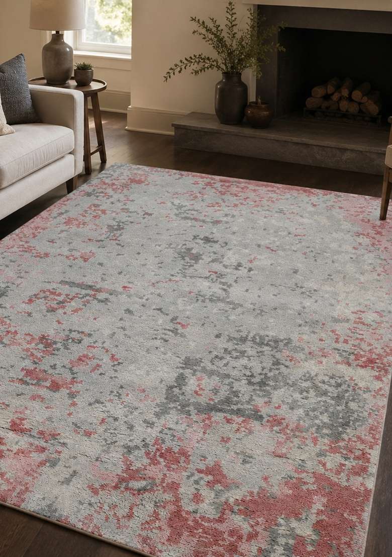 Saffron Rugs Hand Knotted Grey Pink Wool Rectangular Rug - Indya