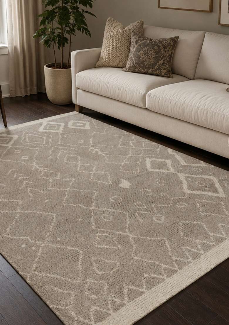 Saffron Rugs Hand Knotted Grey Beige Wool Rectangular Rug - Indya