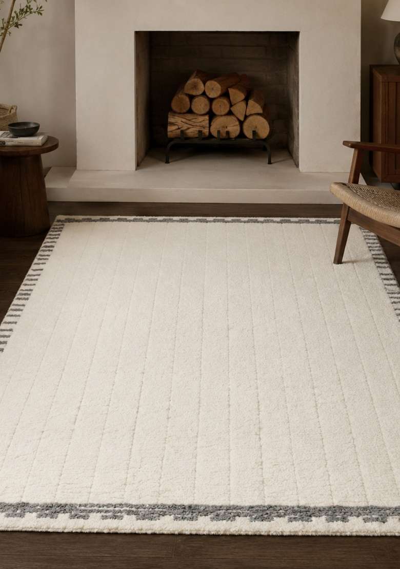 Saffron Rugs Ivory White Hand Knotted Wool Rectangular Rug - Indya
