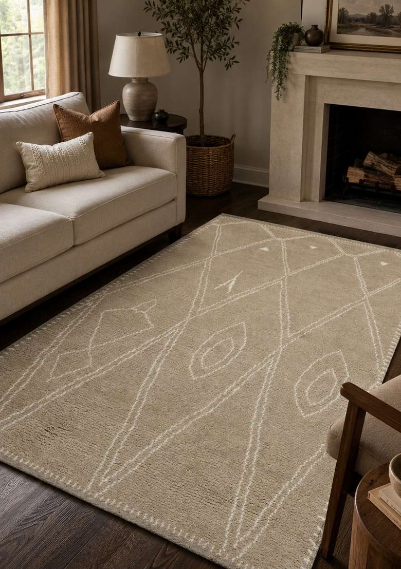 Saffron Rugs Hand Knotted Beige Wool Geometric Rectangular Rug - Indya
