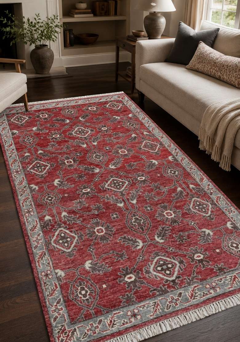 Saffron Rugs Red Floral Hand Knotted Wool Rectangular Rug - Indya