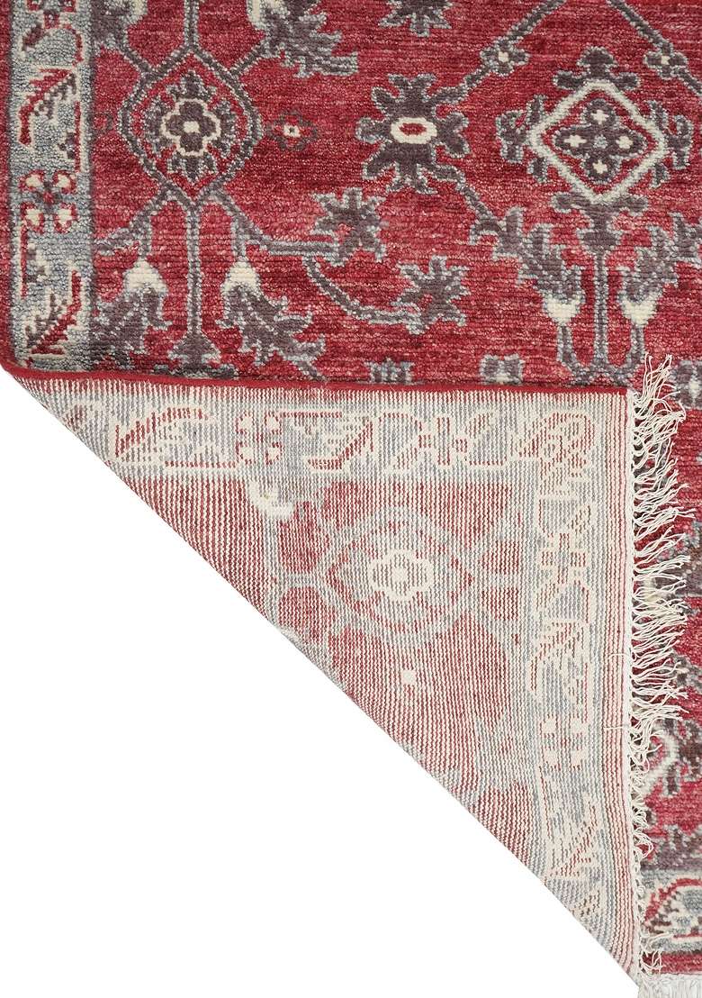 Saffron Rugs Hand Knotted Red Wool Floral Rectangular Rug - Indya