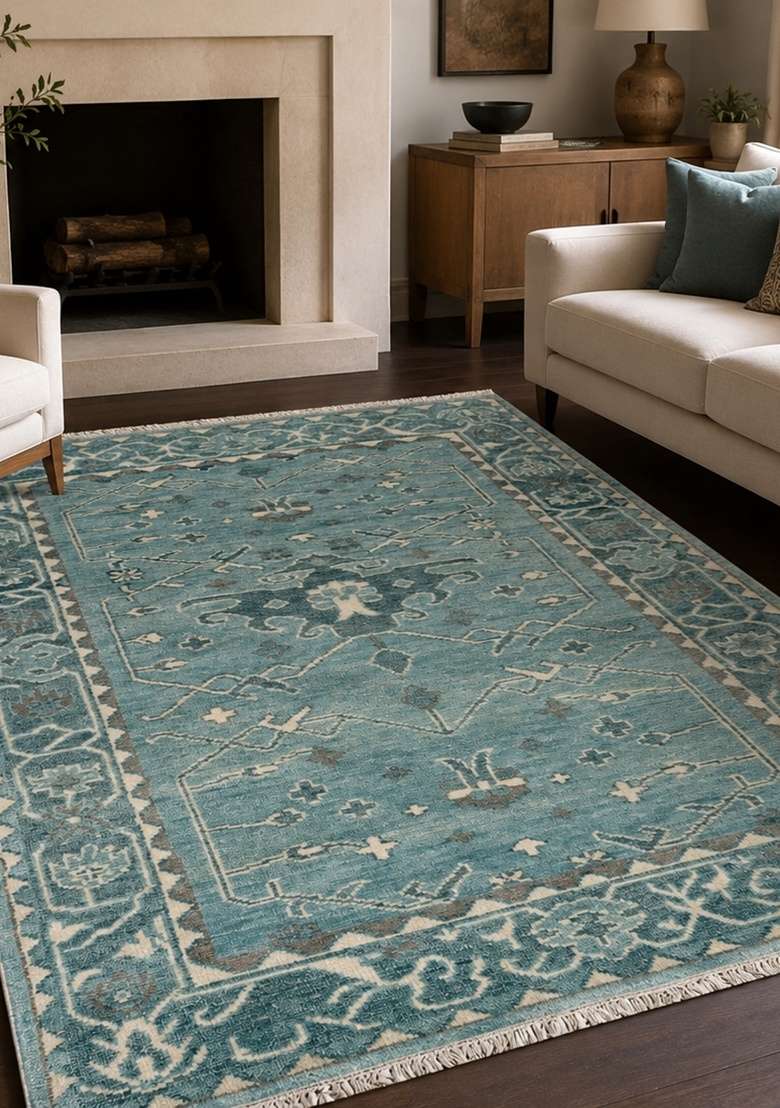 Saffron Rugs Teal Blue Hand Knotted Wool Rectangular Rug - Indya
