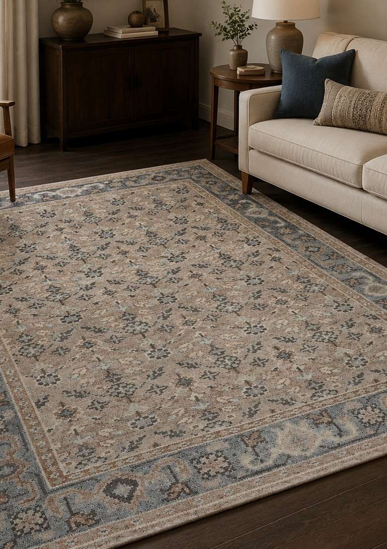 Saffron Rugs Beige Grey Floral Hand Knotted Wool Rectangular Rug - Indya