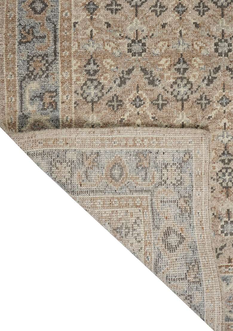 Saffron Rugs Hand Knotted Beige Grey Wool Floral Rectangular Rug - Indya