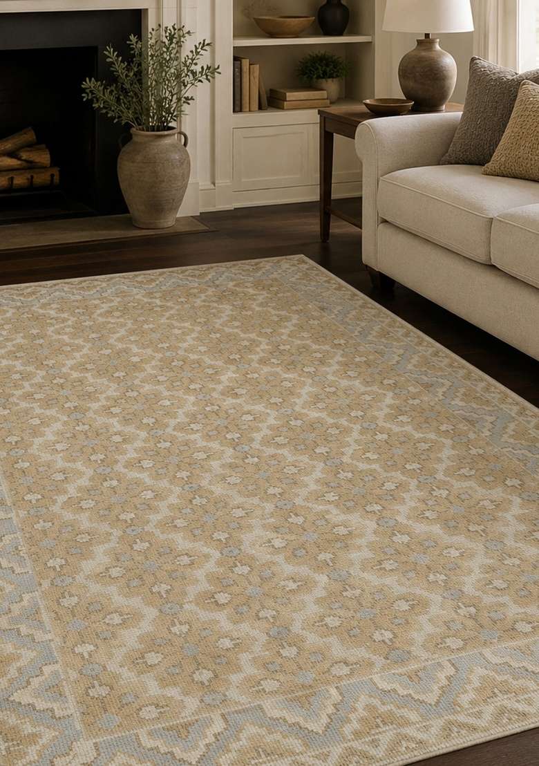 Saffron Rugs Hand Knotted Golden Beige Wool Rectangular Rug - Indya