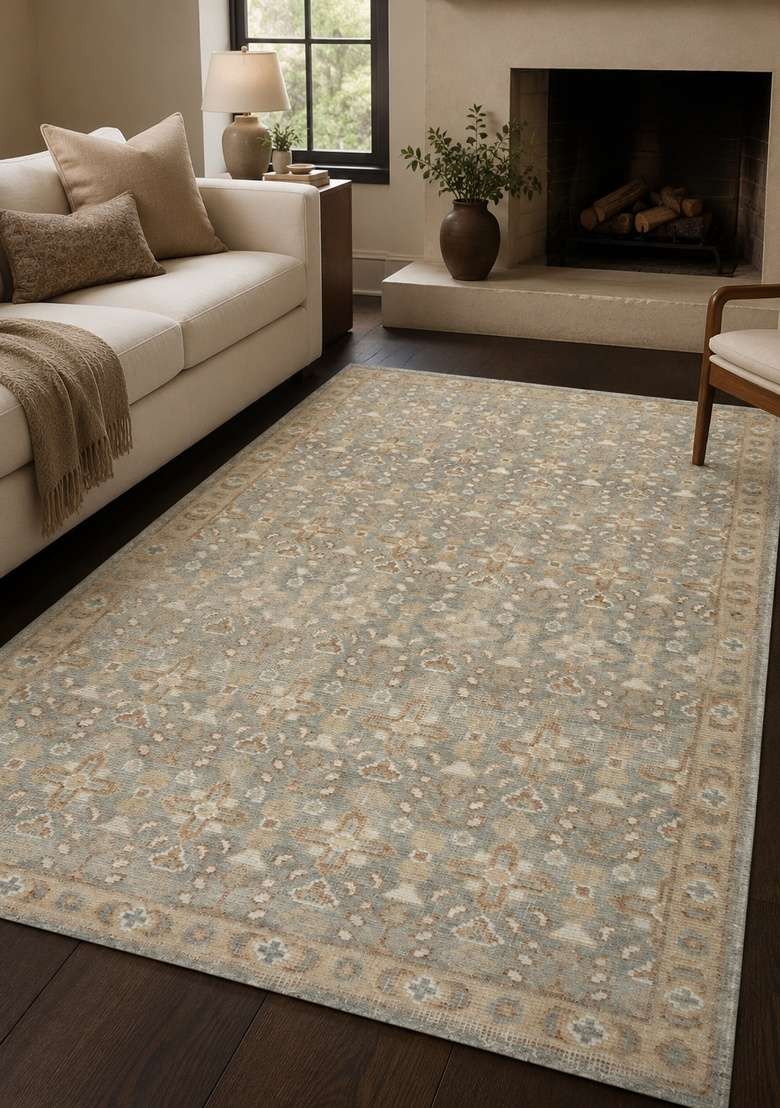 Saffron Rugs Hand Knotted Grey Blue Wool Floral Rectangular Rug - Indya