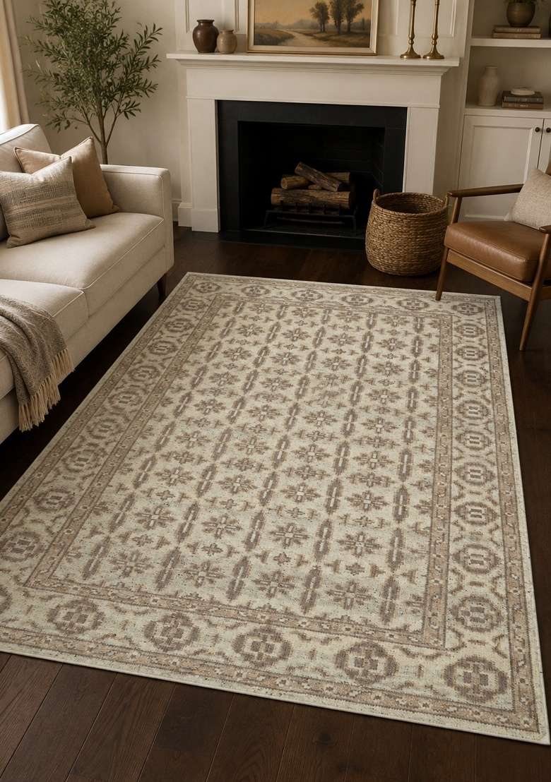 Saffron Rugs Beige Floral Hand Knotted Wool Rectangular Rug - Indya