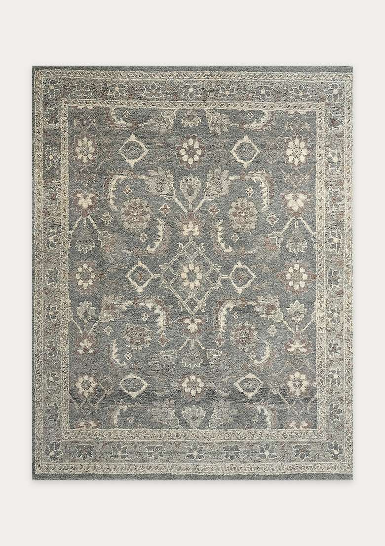 Saffron Rugs Blue Grey Floral Hand Knotted Wool Square Rug - Indya