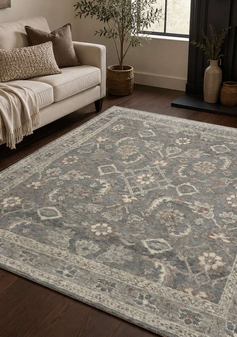 Saffron Rugs Hand Knotted Blue Grey Wool Floral Square Rug - Indya