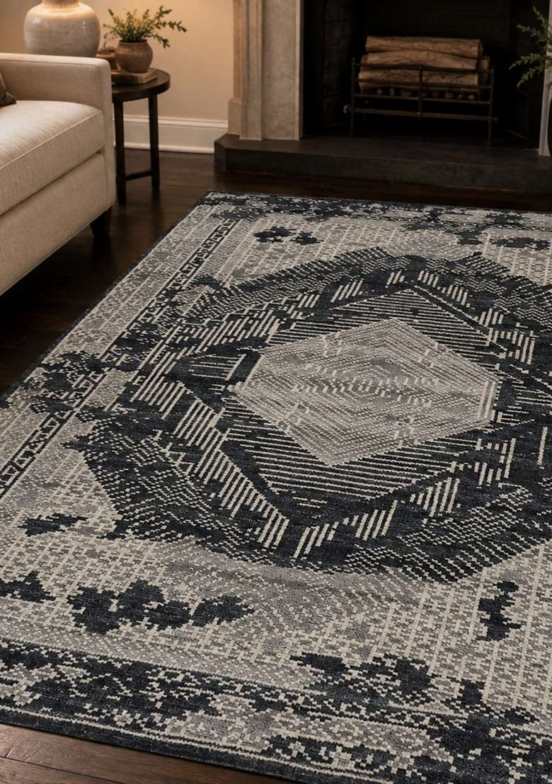 Saffron Rugs Grey Charcoal Hand Knotted Wool Rectangular Rug - Indya