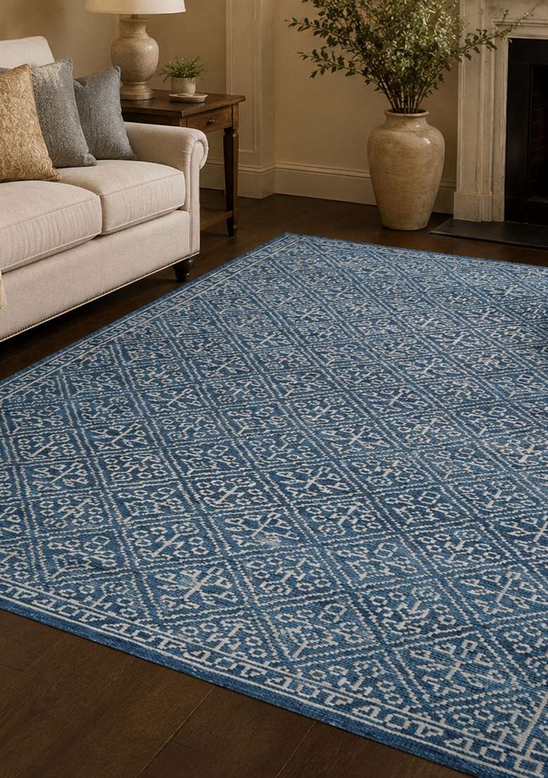 Saffron Rugs Hand Knotted Blue Wool Trellis Rectangular Rug - Indya